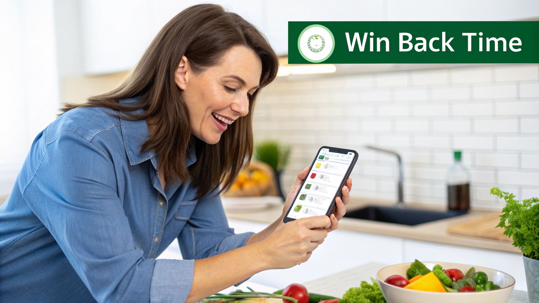 A happy woman uses a smartphone app in her kitchen, preparing fresh vegetables.