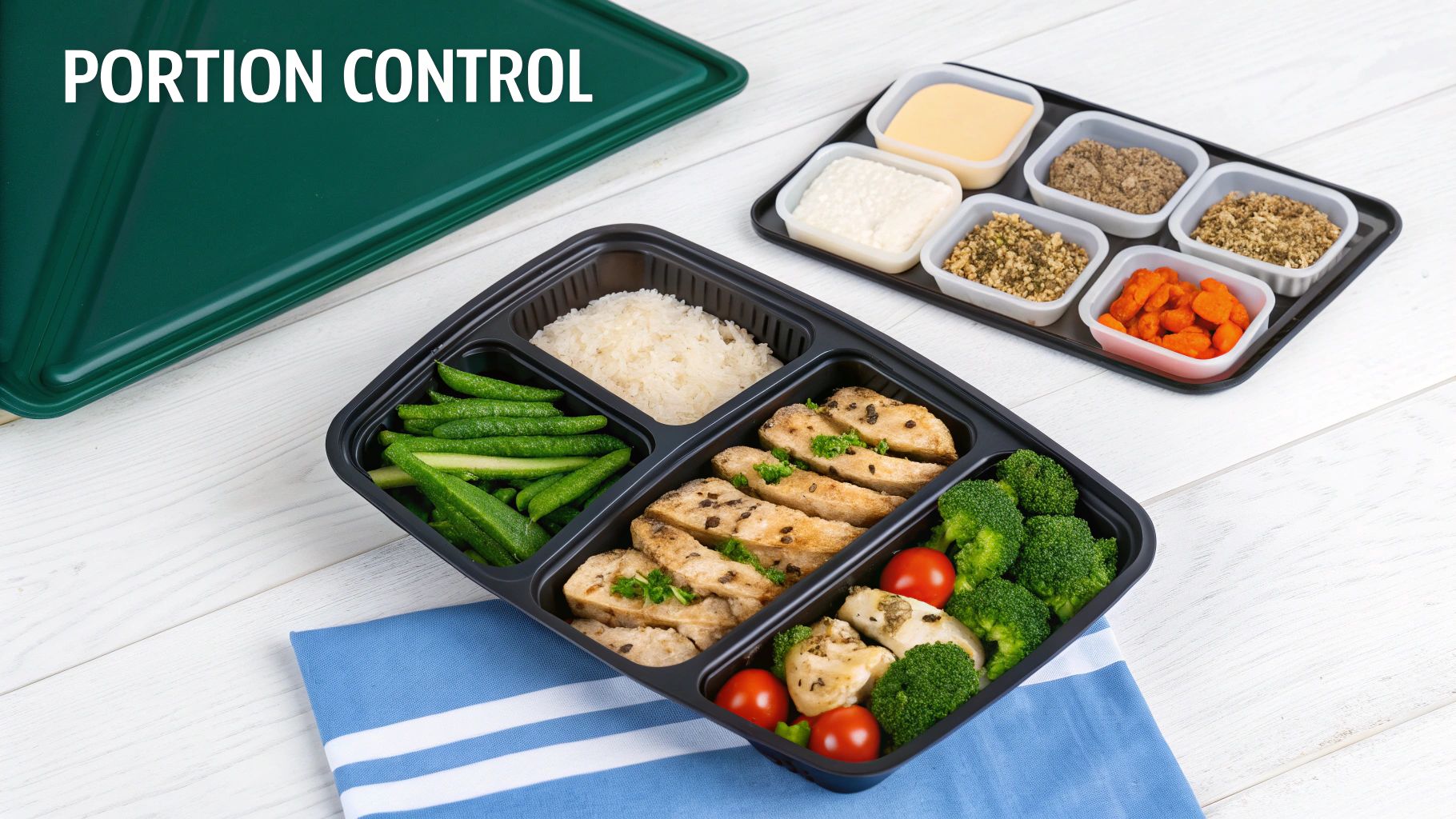 Healthy portion control meal prep containers with chicken, rice, vegetables, and various snacks on a white table.