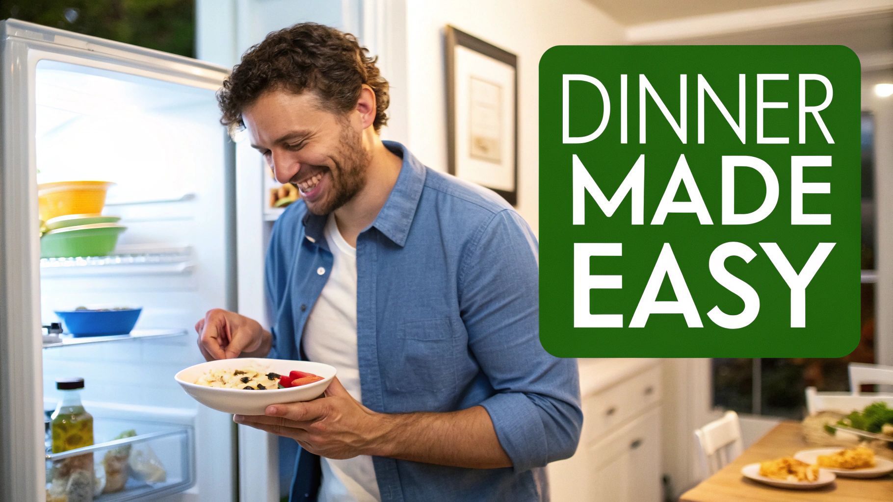 A smiling man takes a bowl of food from a bright, open refrigerator in a kitchen.