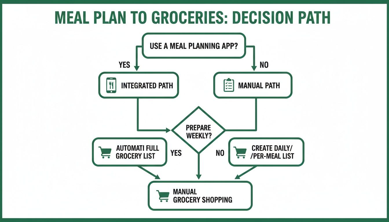 Flowchart illustrating the decision path from meal planning to grocery shopping, covering app use, manual planning, and list creation.