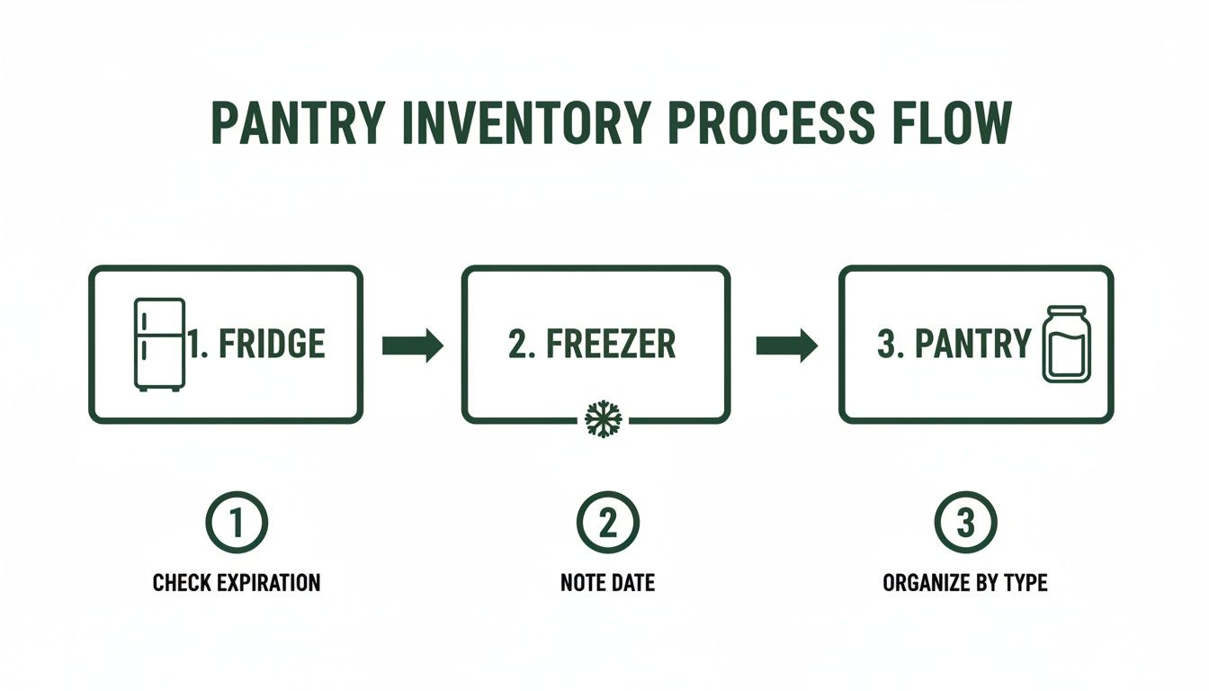 A diagram illustrating a pantry inventory process flow: fridge, freezer, and pantry organization steps.
