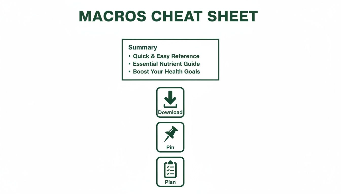 A 'Macros Cheat Sheet' infographic outlining benefits like quick reference, nutrient guide, and health goals, with download, pin, and plan actions.