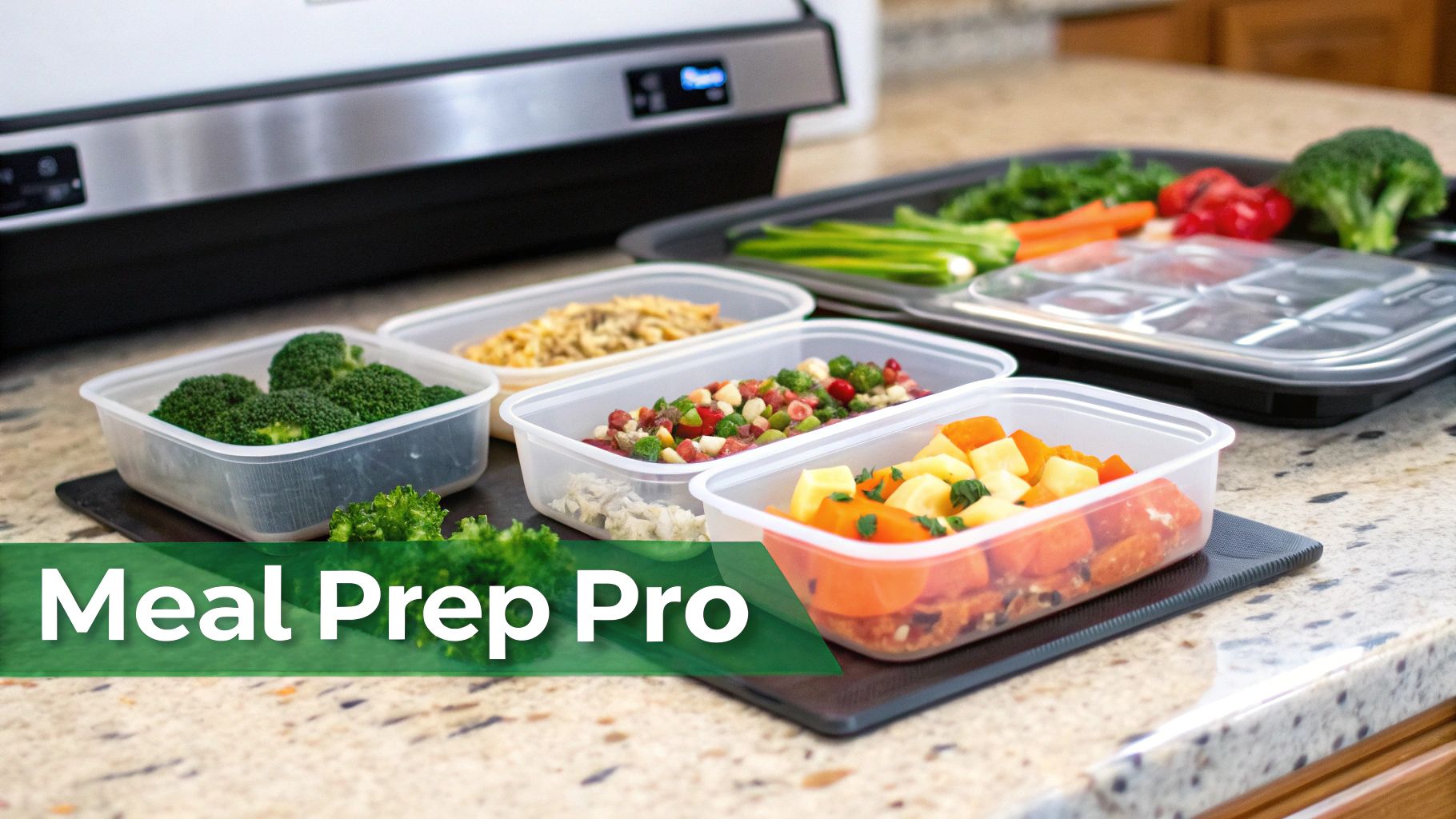 Various meal prep containers filled with healthy food like vegetables and fruit on a kitchen counter.