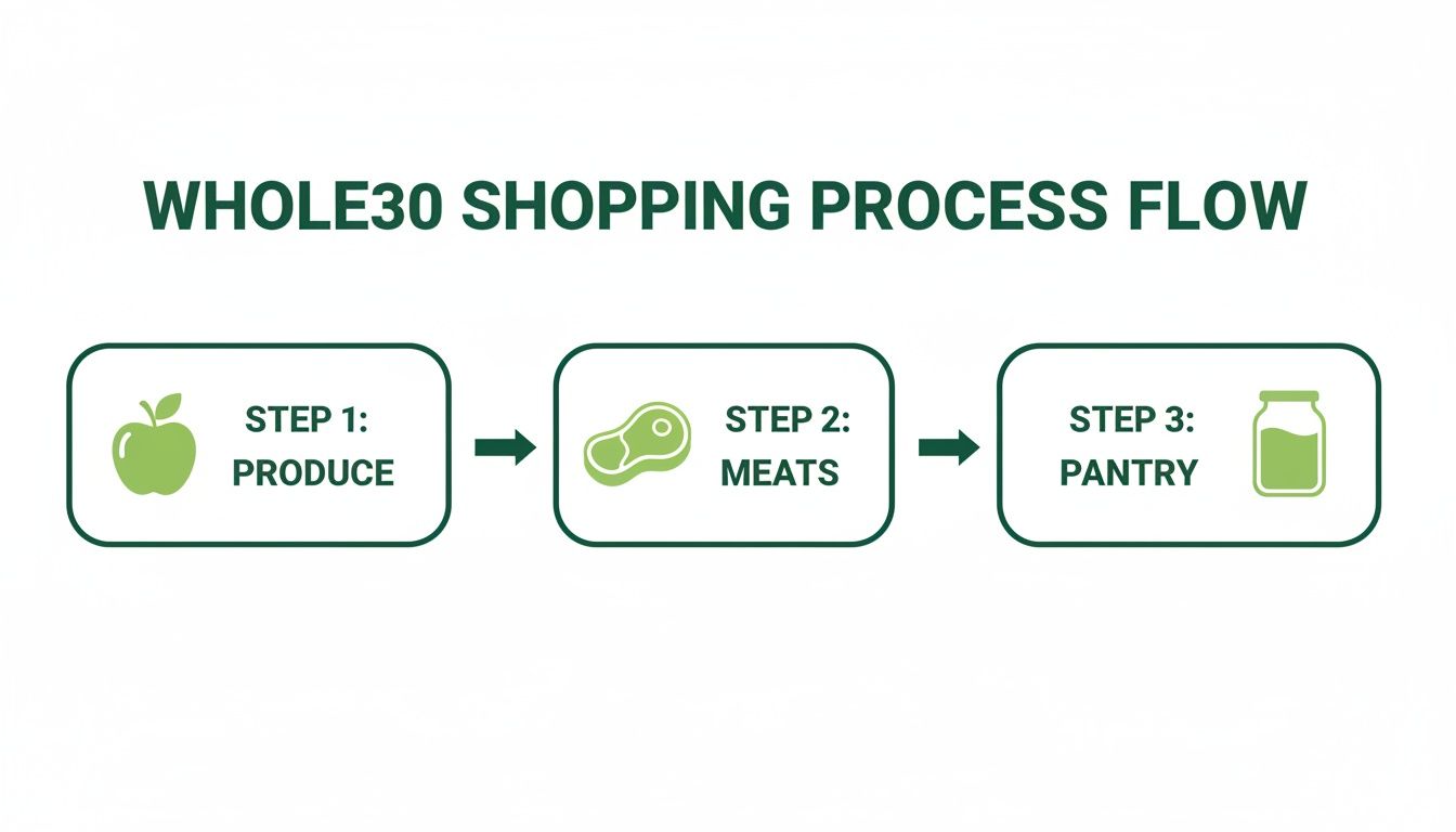 A flow chart illustrating the Whole30 shopping process, detailing steps for produce, meats, and pantry items.