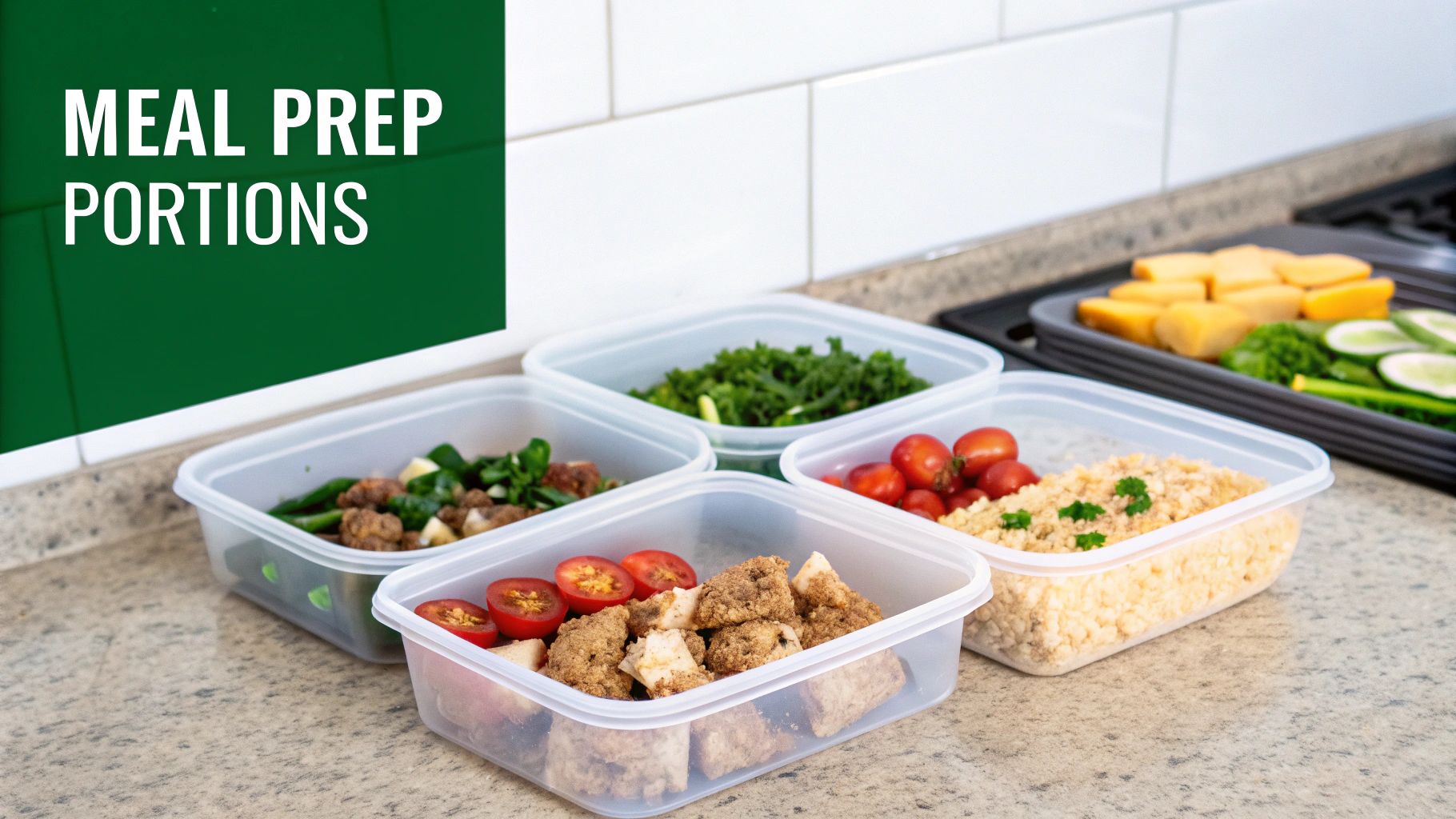 Several clear containers filled with healthy, portioned meal prep including protein, grains, and vegetables on a kitchen counter.