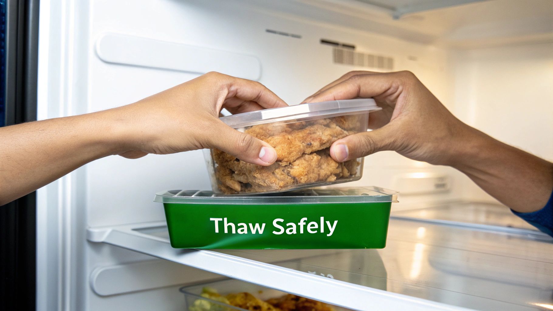 Hands place a container of cooked chicken into a refrigerator on top of a green "Thaw Safely" tray.