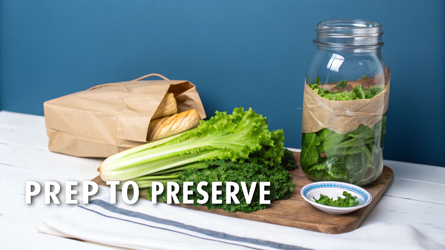 A person's hands trimming fresh herbs over a wooden cutting board, preparing them for storage.