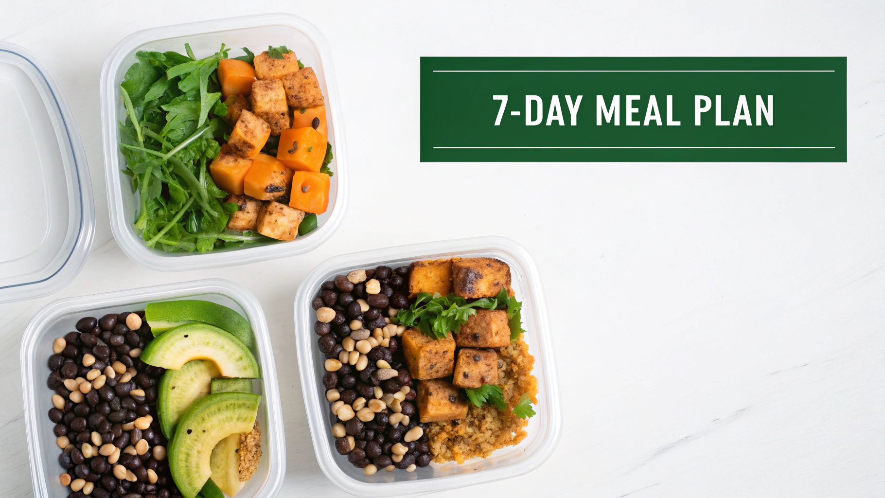 Healthy vegan meal prep in containers with sweet potatoes, beans, avocado, and a '7-DAY MEAL PLAN' banner.