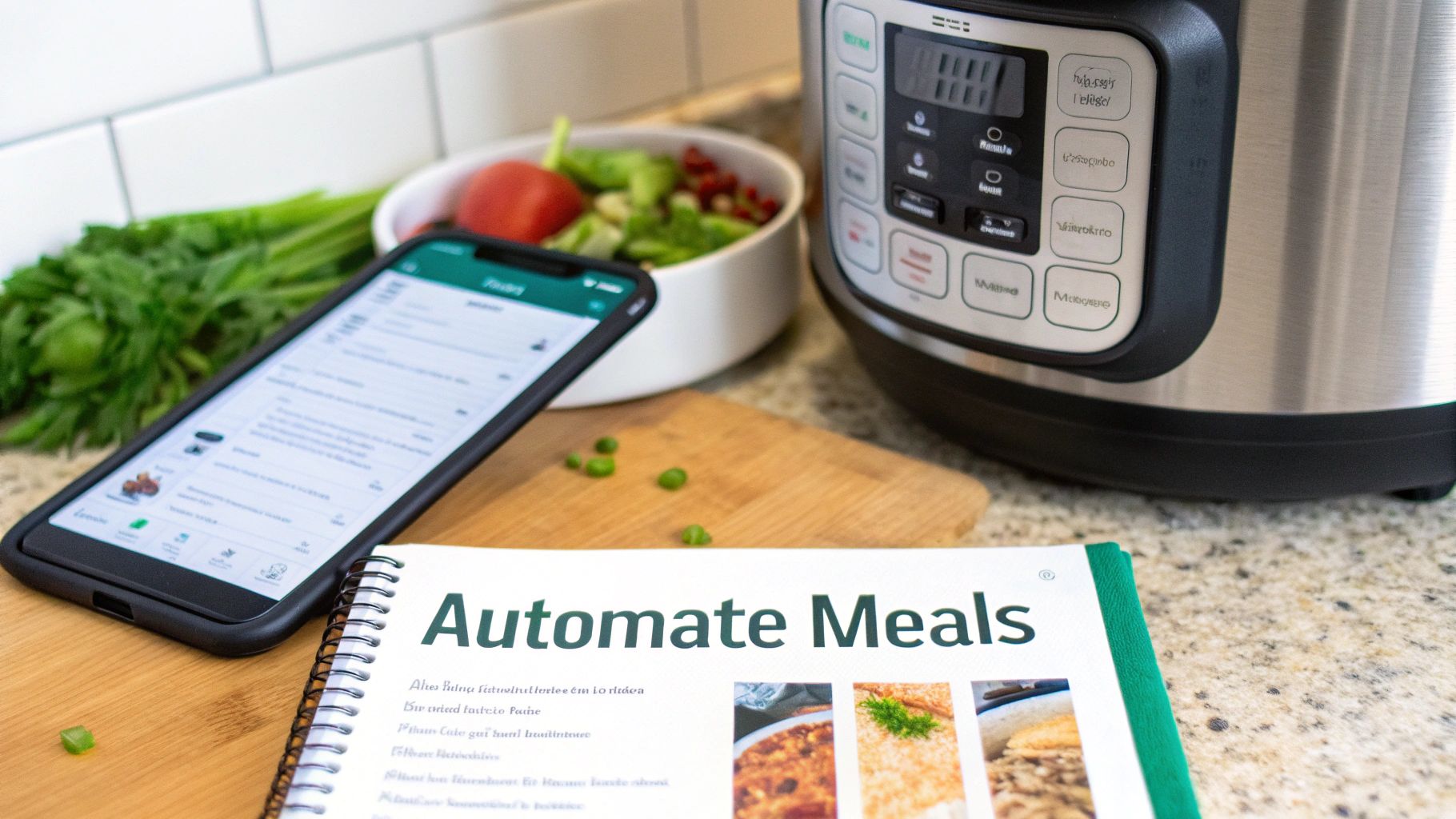 A kitchen countertop showing meal planning with a phone app, cookbook, slow cooker, and fresh produce.