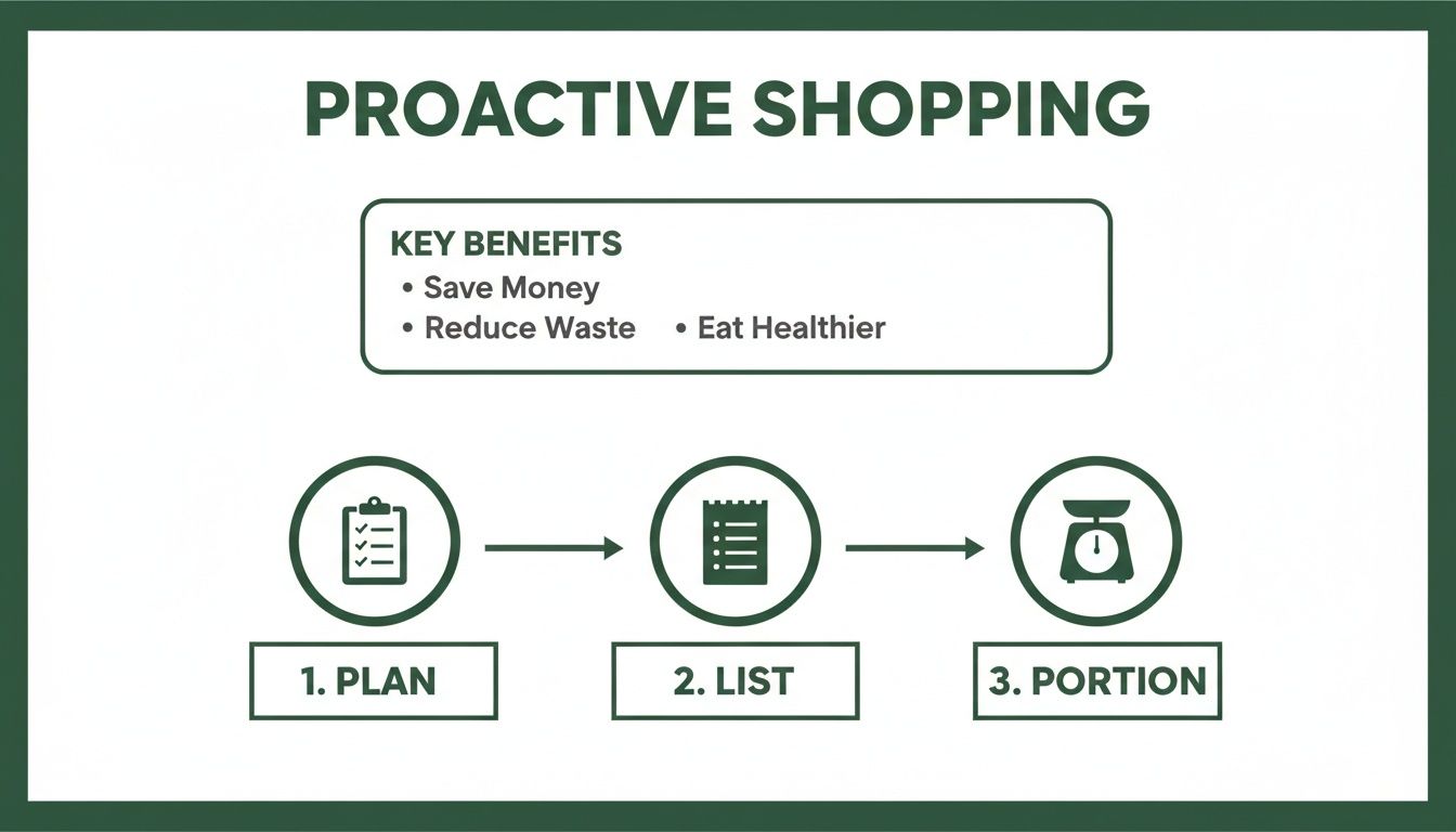 Diagram illustrating proactive shopping steps: Plan, List, Portion, with benefits like saving money, reducing waste, and eating healthier.