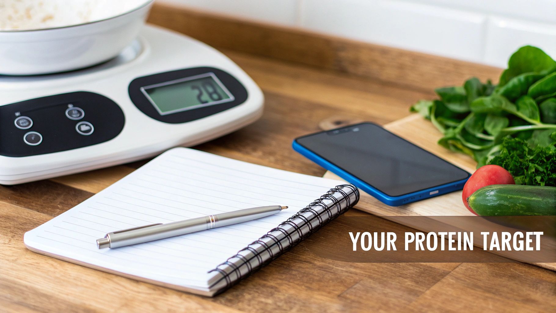 Kitchen counter with a food scale, notebook, smartphone, and fresh vegetables for protein meal planning.