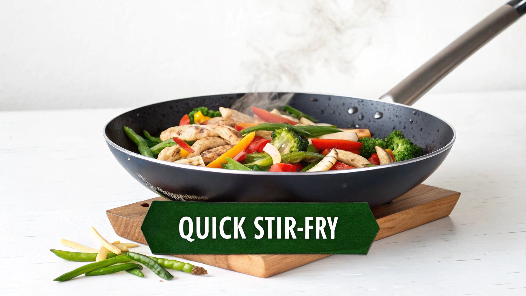 A quick stir-fry of chicken and colorful vegetables steaming in a black pan.