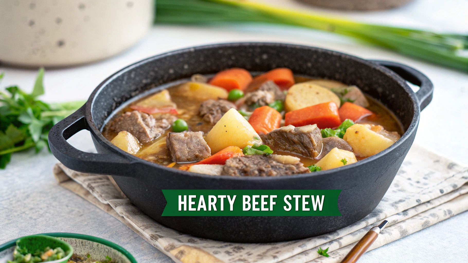 A rich and hearty beef stew with potatoes, carrots, and peas in a black pot, garnished with fresh herbs.