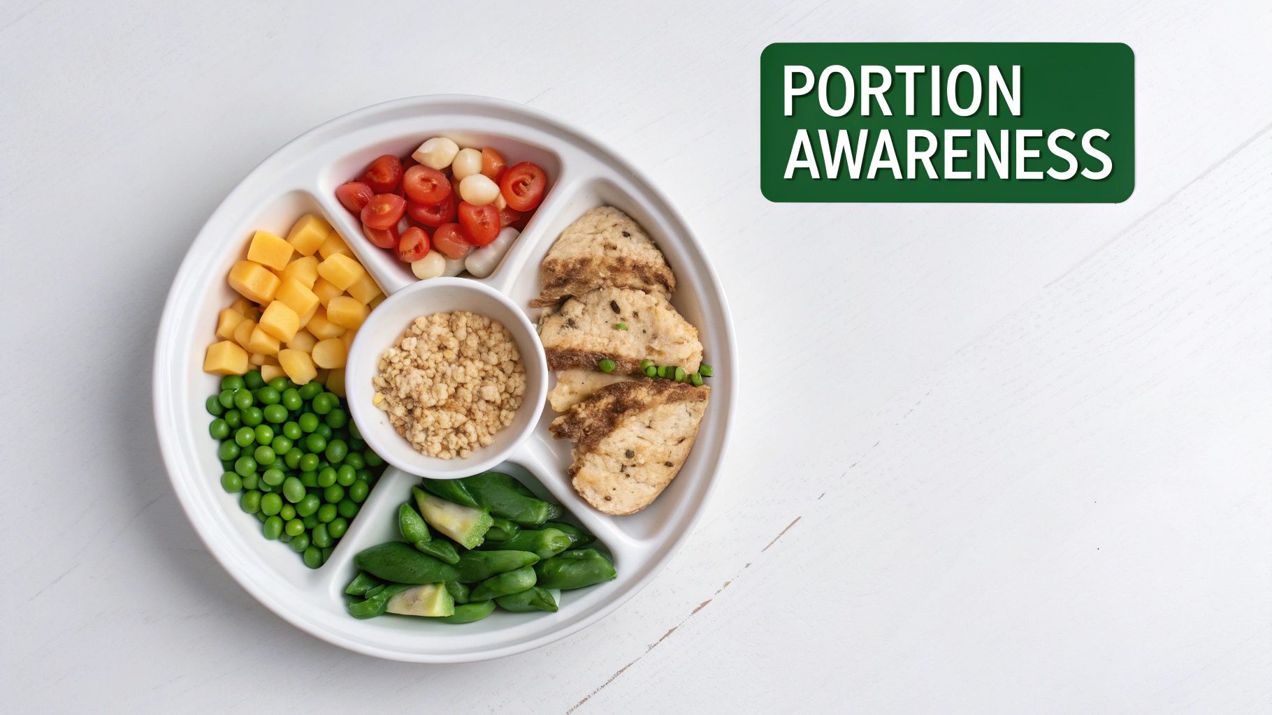 A segmented plate displays individual portions of chicken, peas, cheese, tomatoes, and a crumble, promoting portion awareness.
