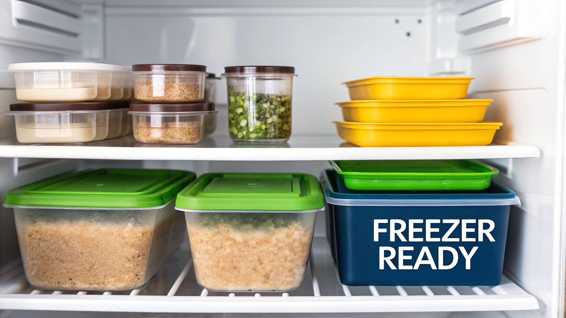 A refrigerator freezer compartment neatly organized with various food storage containers, many labeled “FREEZER READY.”