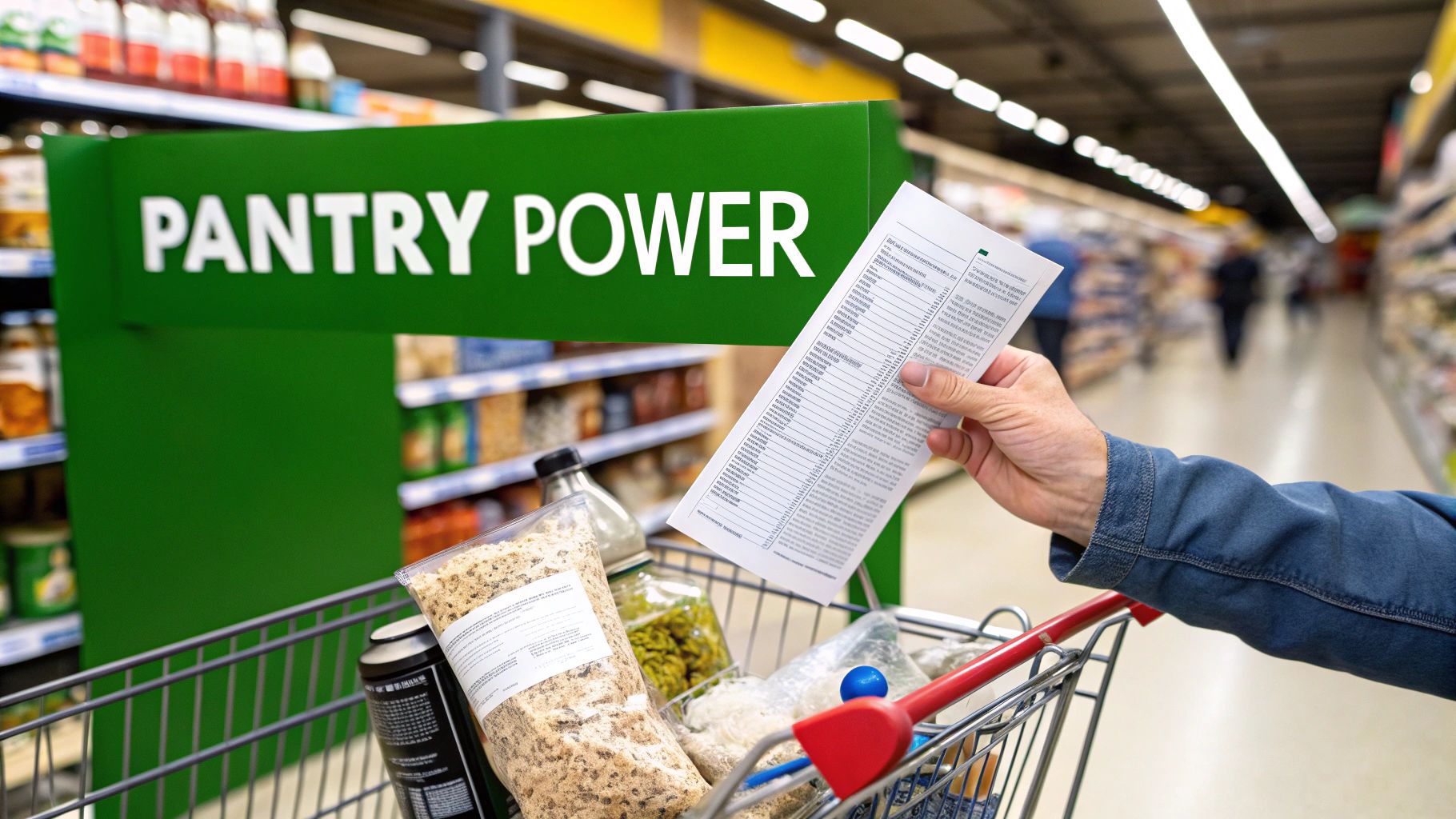 A shopper holds a list while pushing a cart with groceries in a supermarket aisle under a 'Pantry Power' sign.