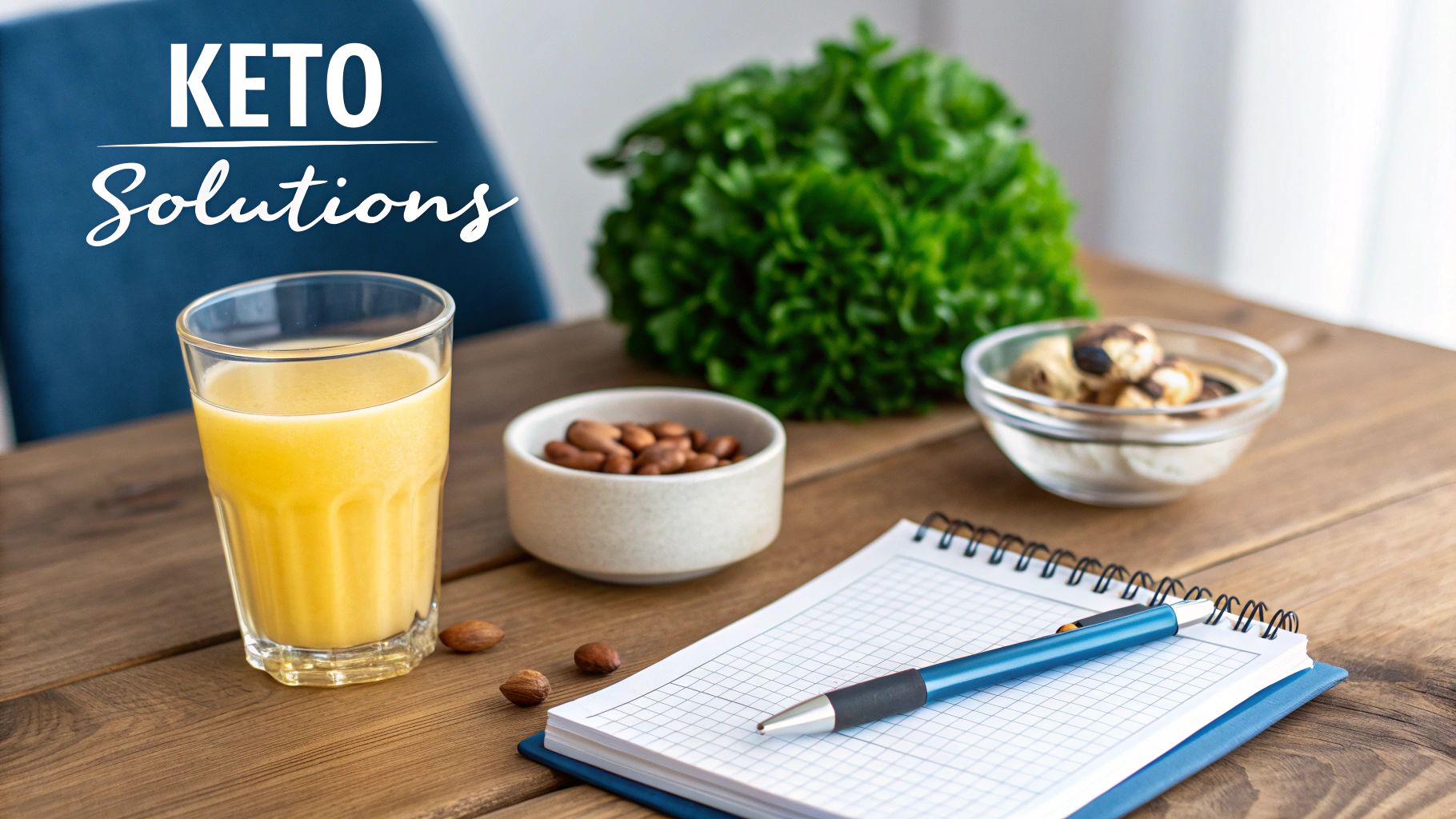 A table setting with various keto-friendly foods, a drink, nuts, greens, and a notepad with a pen.