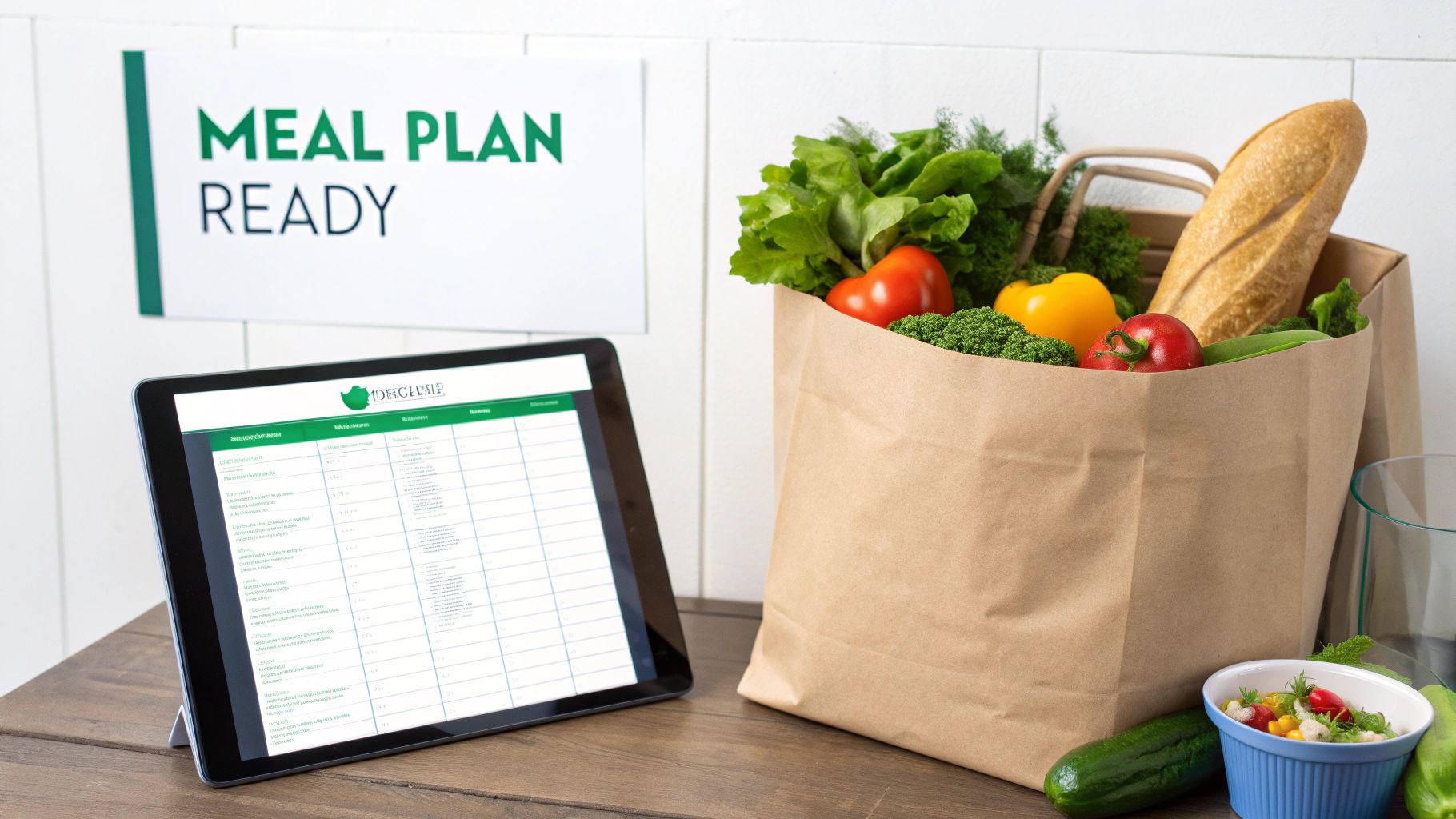 Digital meal plan displayed on tablet next to grocery bag with fresh vegetables and baguette