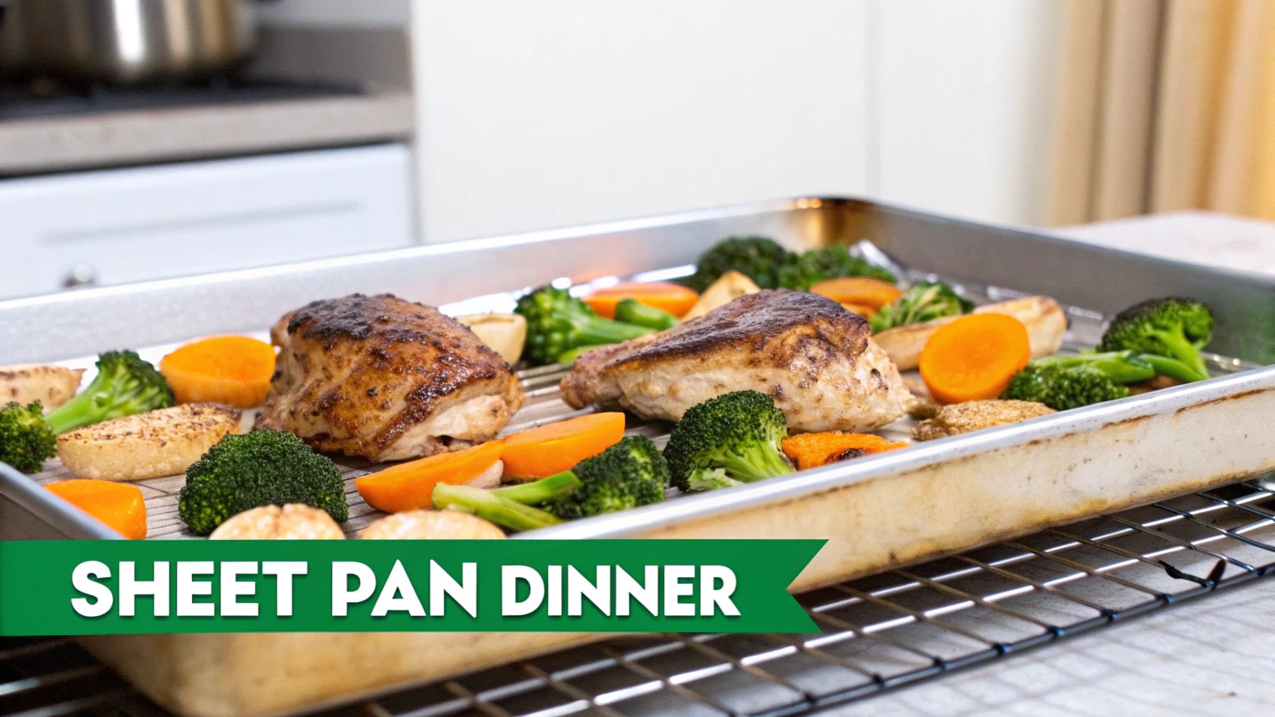 Close-up of a sheet pan dinner with cooked chicken breasts, broccoli, and carrots on a cooling rack.
