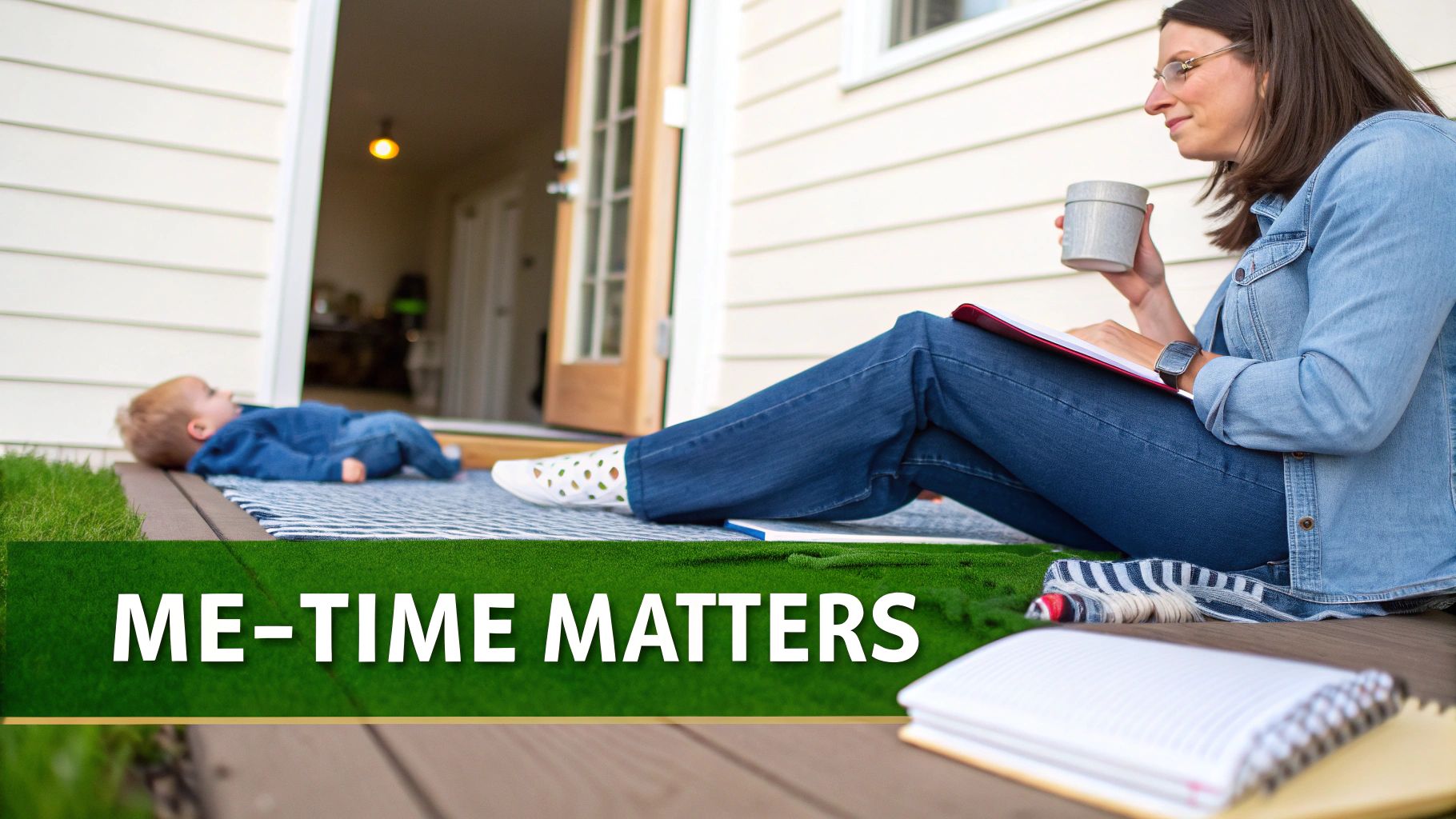 A mom enjoys a quiet moment reading on a deck with her baby nearby.