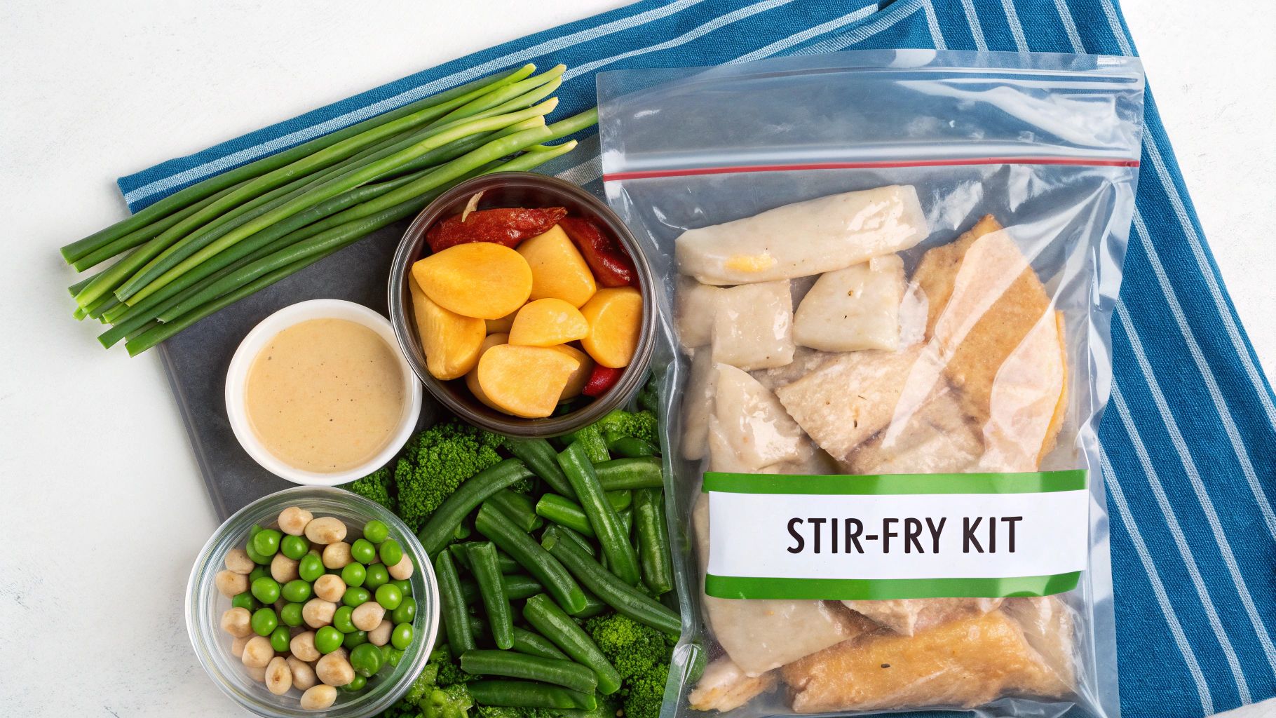 A hand holding a clear plastic bag filled with raw chicken pieces, broccoli florets, and sliced red and orange bell peppers, ready for freezing as a stir-fry kit.