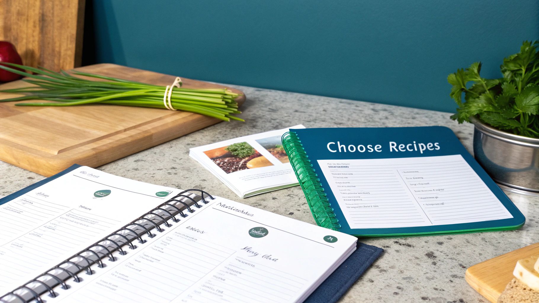 A person looking at a tablet with recipes, with fresh vegetables on the kitchen counter