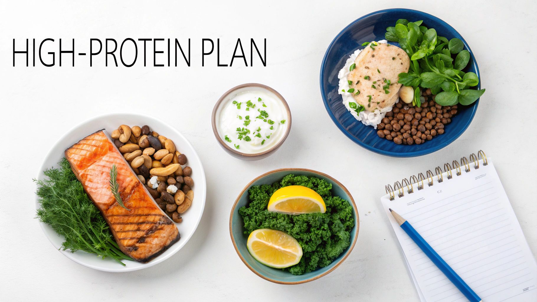 A flat lay of high-protein meals including salmon, chicken, nuts, vegetables, yogurt, and a plan notebook.