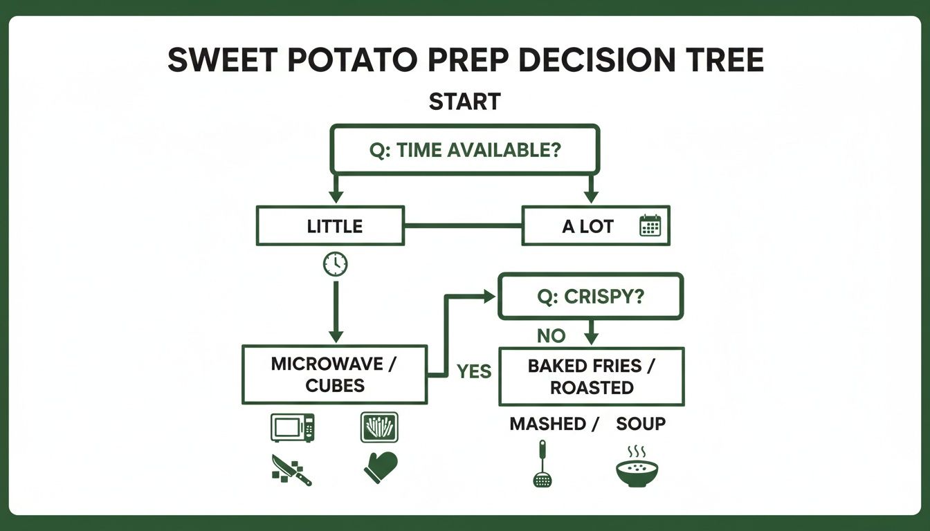 Sweet potato prep decision tree guides cooking methods based on available time and desired crispiness.