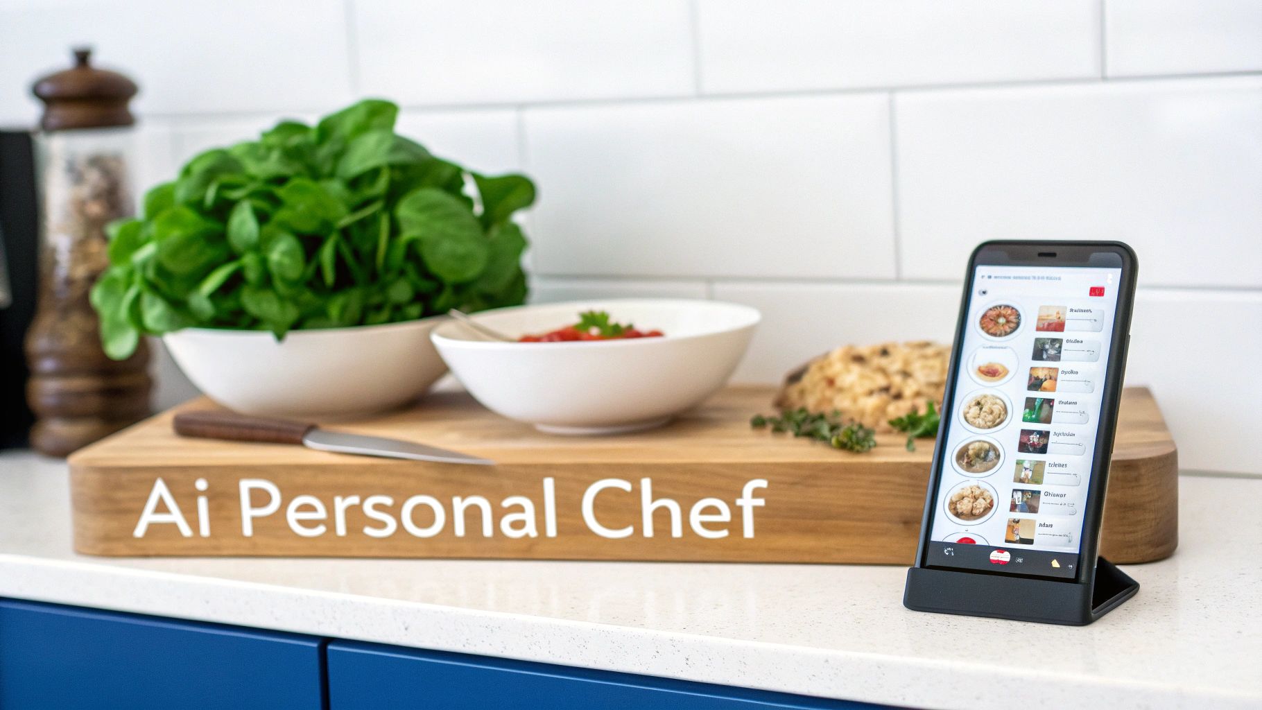 An image showing a futuristic interface with meal suggestions and health data, representing AI in meal planning.