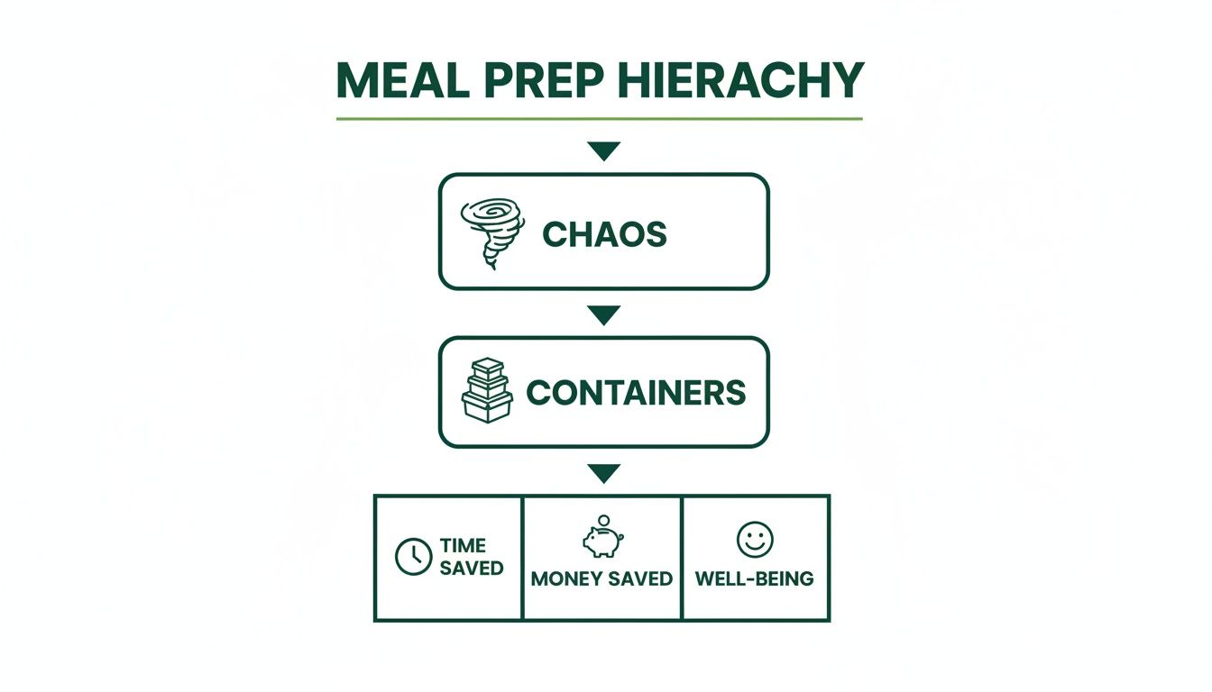 Meal Prep Hierarchy diagram showing the benefits of meal containers: time, money, and well-being.