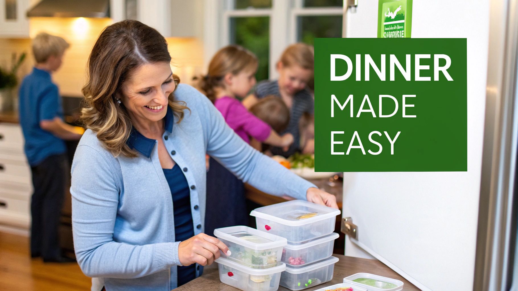 A smiling woman organizes clear meal prep containers filled with food in a busy kitchen.