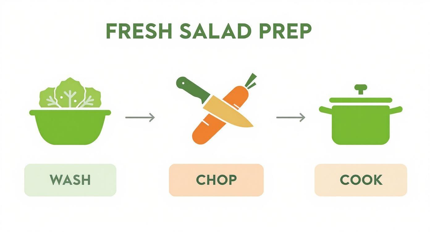 Visual guide for fresh salad meal prep showing washing lettuce, chopping carrots, and cooking in a pot.