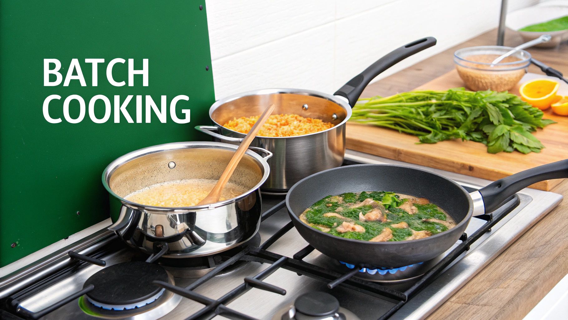 A person strategically cooking multiple dishes at once in a clean, organized kitchen.