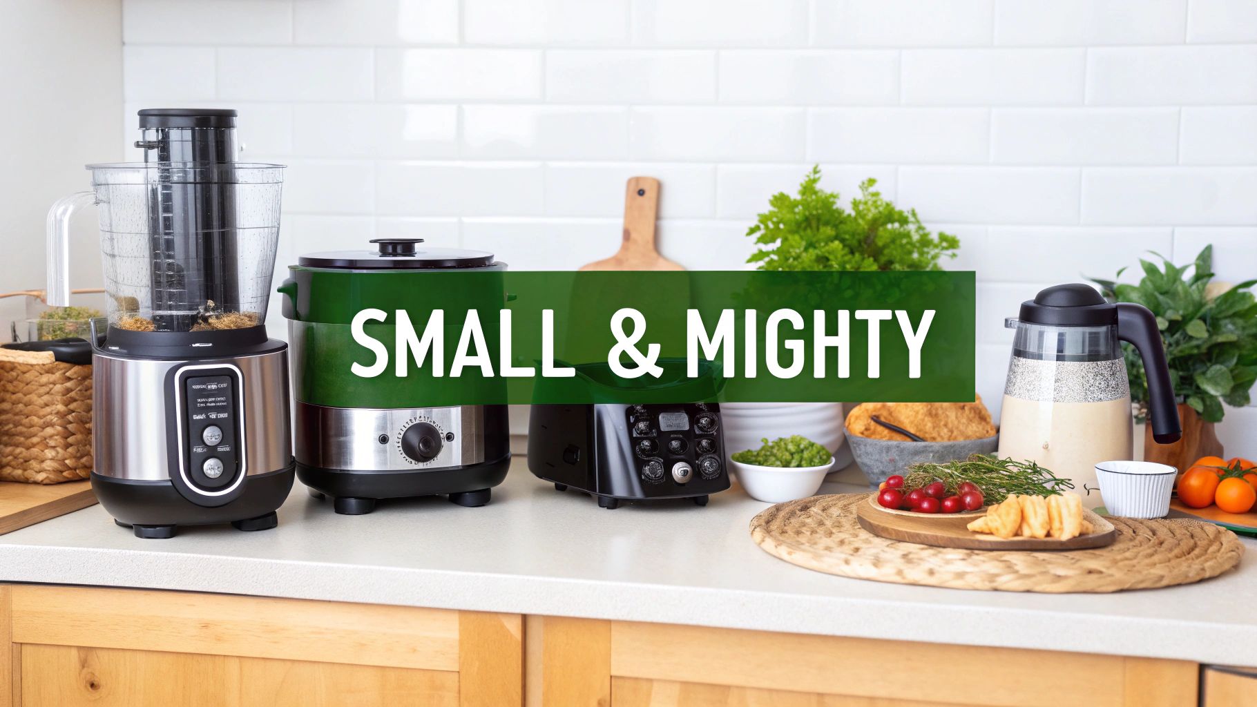 A collection of small, modern kitchen gadgets and appliances on a light kitchen counter.
