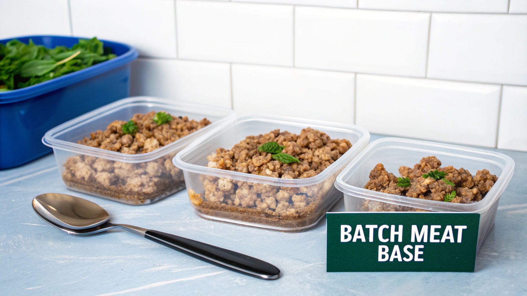 Three clear meal prep containers filled with cooked ground meat and a blue tub of greens, ready for batch cooking.