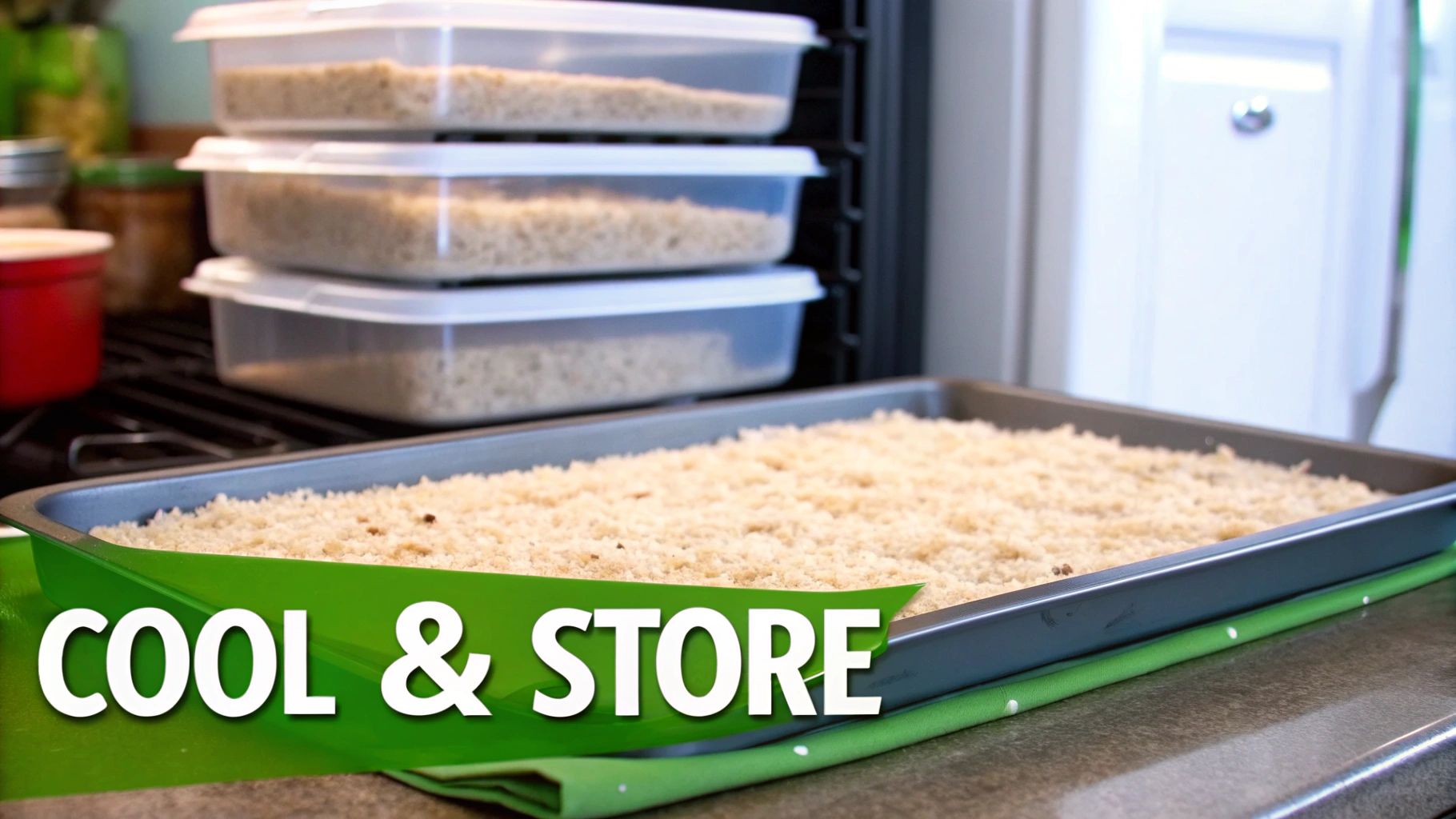 A tray and stacked containers filled with prepared rice, ready to cool and store for meal prepping.