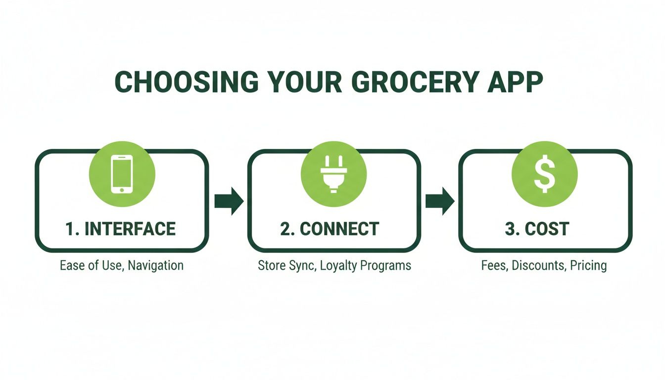 Infographic showing three steps to choosing a grocery app: interface, connect, and cost.