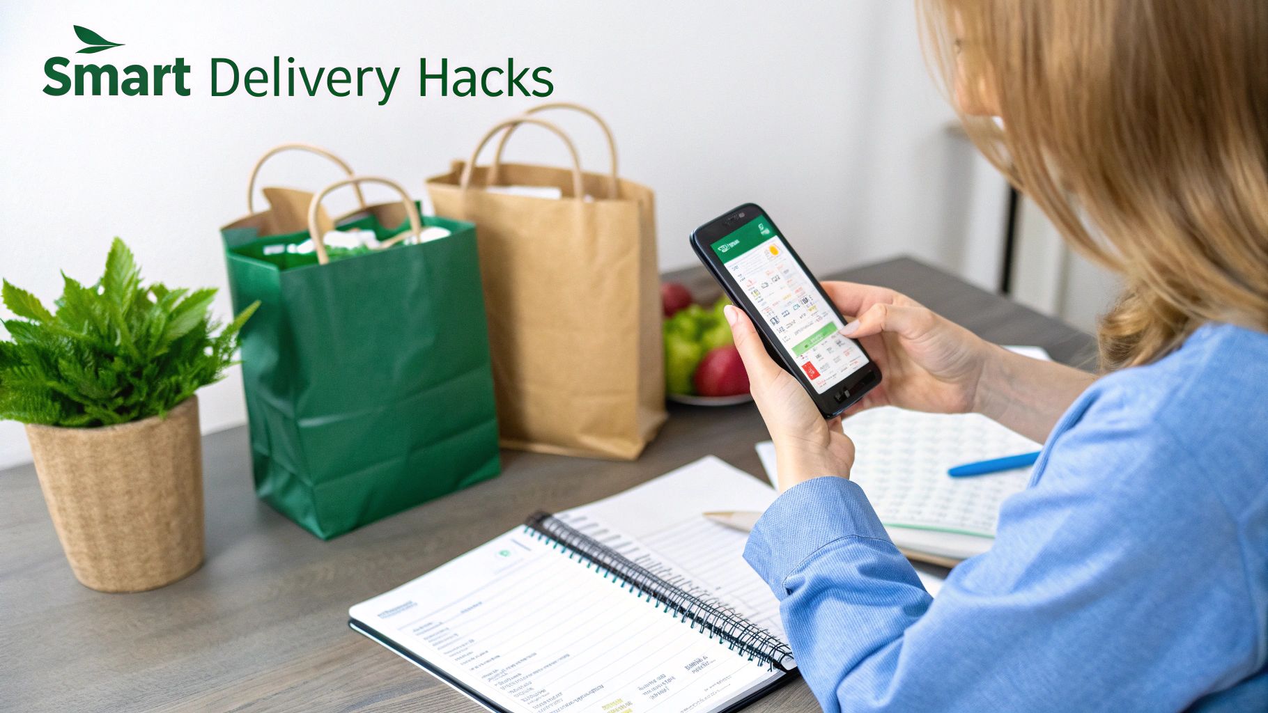 A woman uses a smartphone to manage grocery delivery, with shopping bags and a plant on the table.