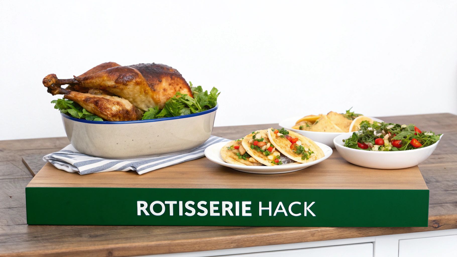 Delicious rotisserie chicken and various side dishes for a family meal, with a 'Rotisserie Hack' sign.