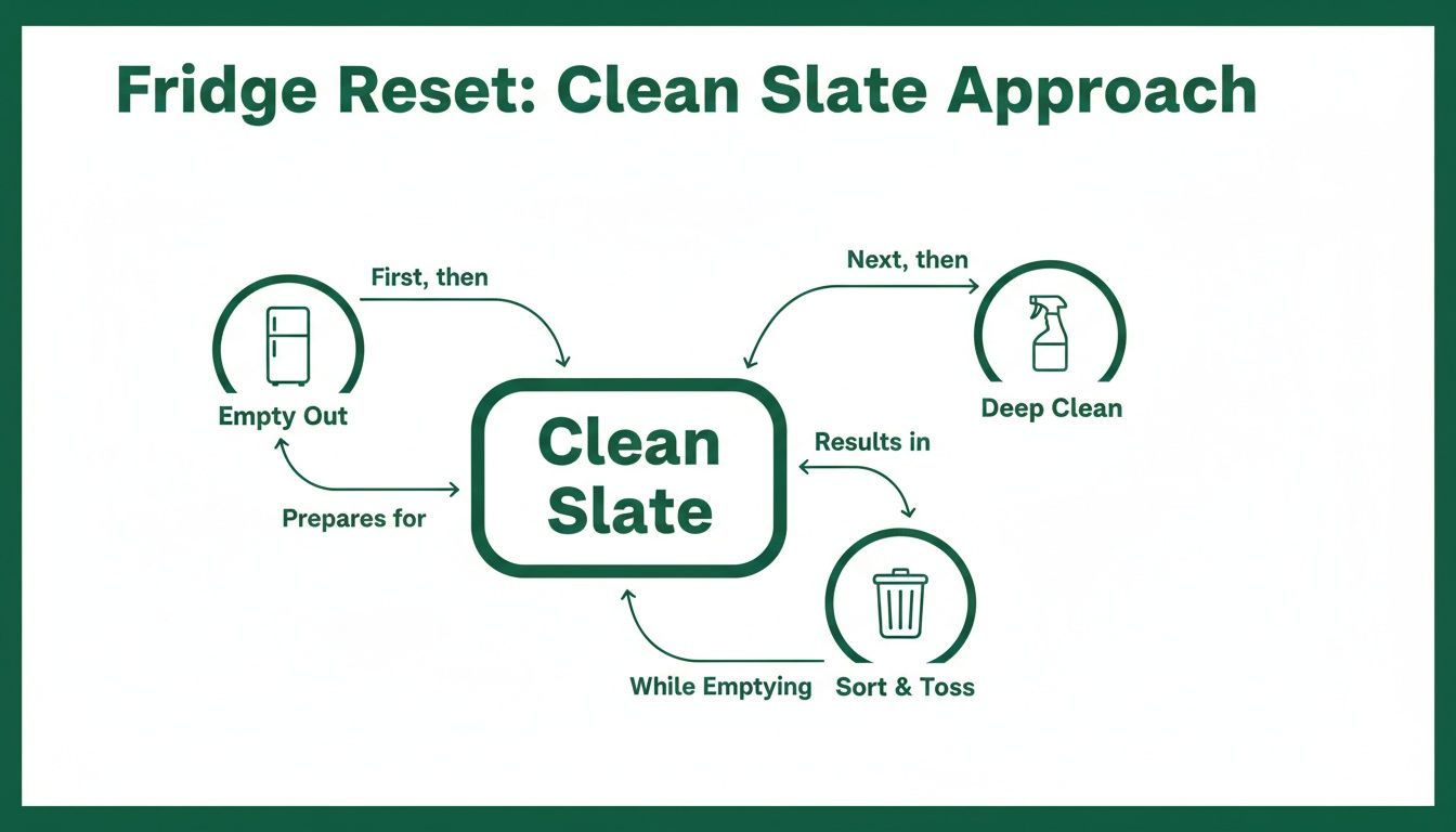 Flowchart for a fridge reset, showing steps like empty out, sort, toss, and deep clean.