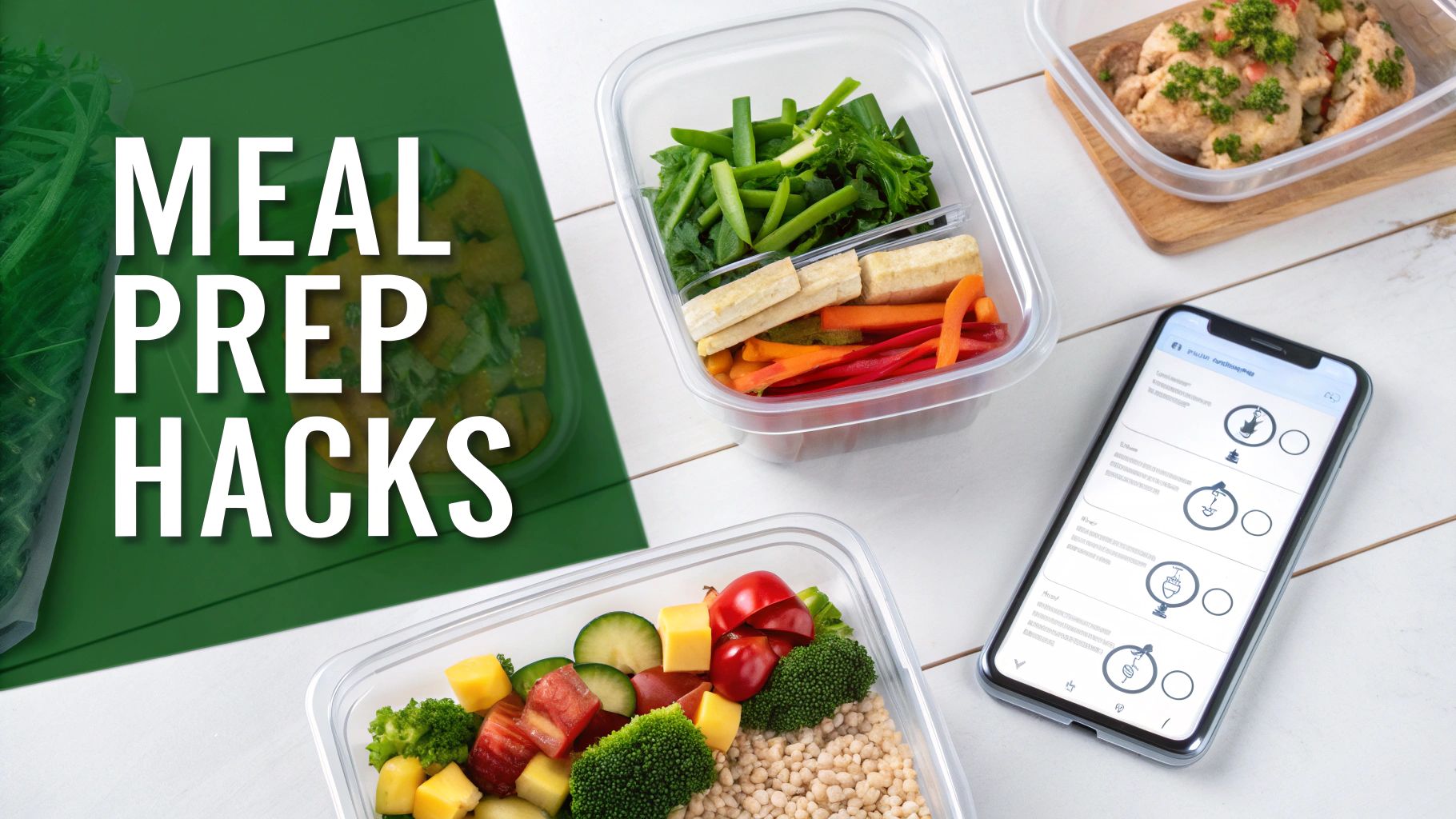 Overhead shot of meal prep containers filled with colorful healthy food and a meal planning app on a smartphone.