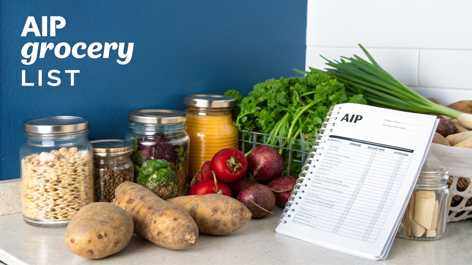 AIP grocery list notebook on a kitchen counter with various fresh produce and pantry items.