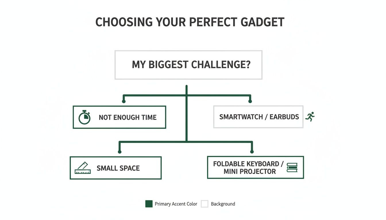 Flowchart detailing gadget choices based on user challenges like limited time or small space.