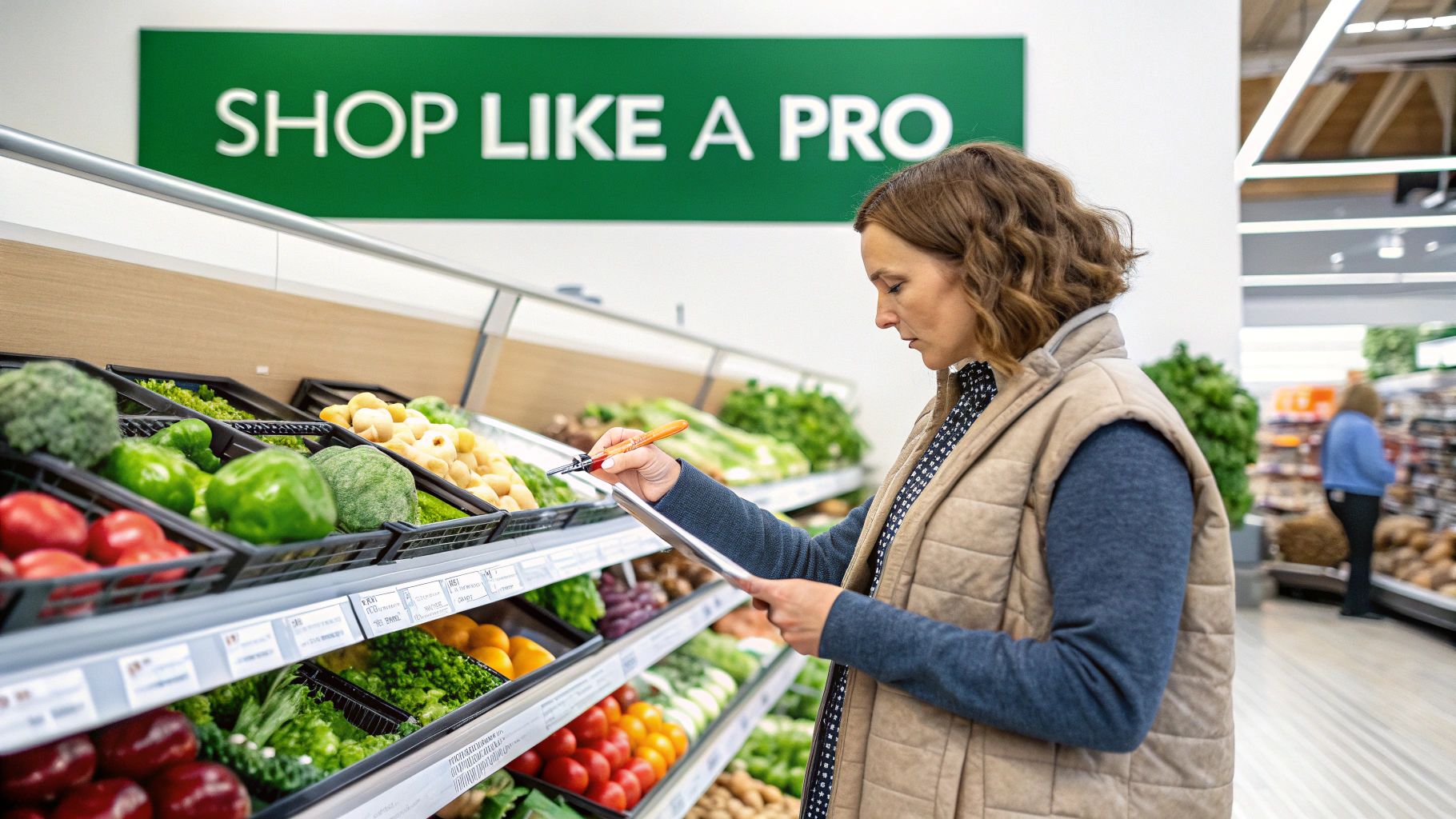 A woman using a tablet to shop for fresh fruits and vegetables in a well-stocked supermarket.
