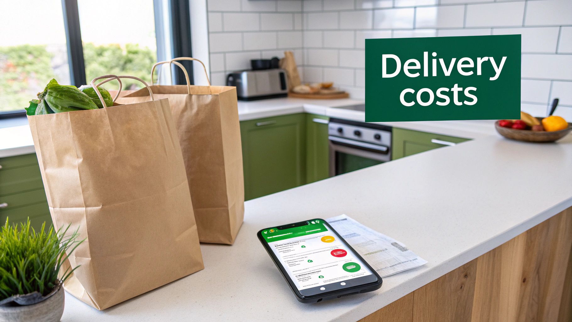 Grocery bags with fresh produce and a smartphone showing delivery costs in a modern kitchen.