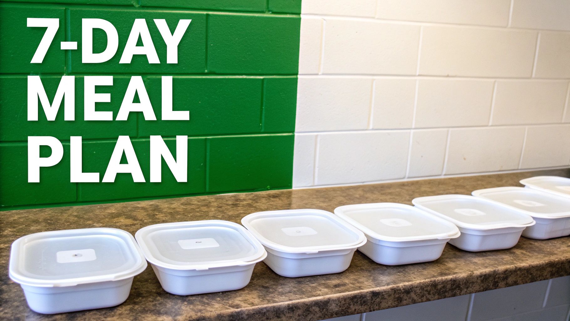 Seven white meal prep containers are lined up on a counter, with a green and white brick wall in the background featuring the text "7-DAY MEAL PLAN".
