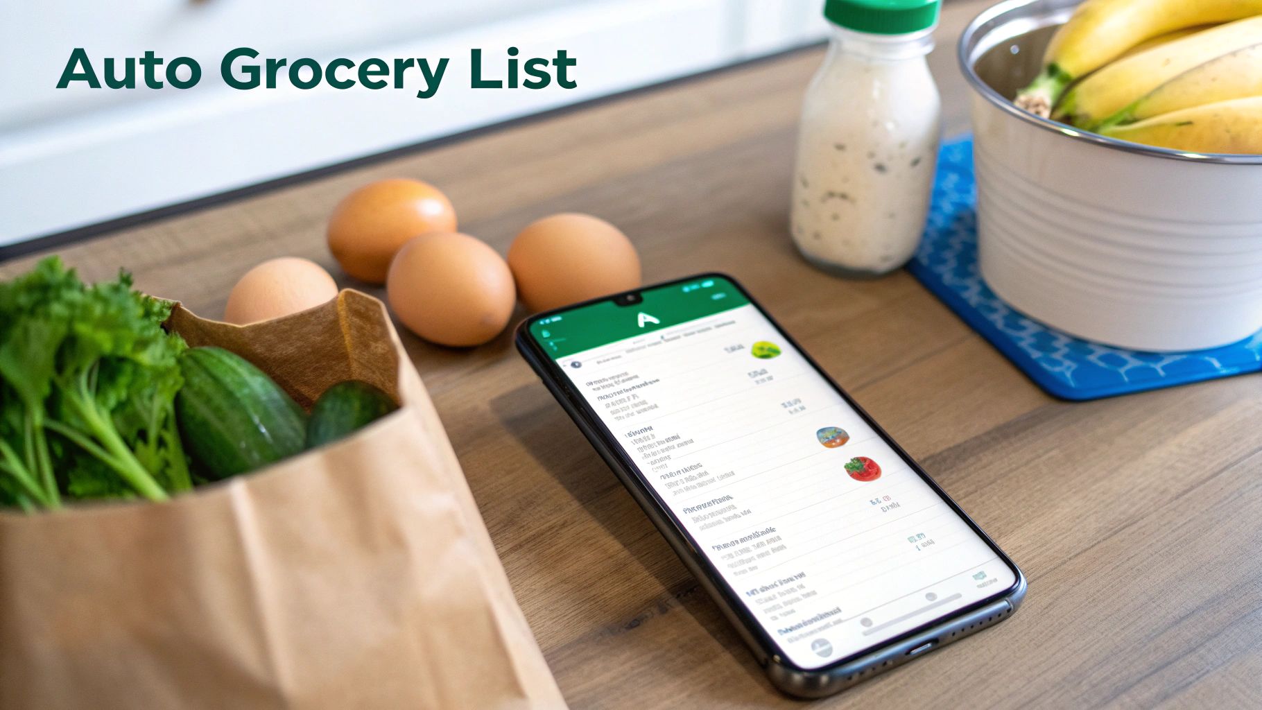 Smartphone displaying an auto grocery list app next to fresh produce on a wooden table.