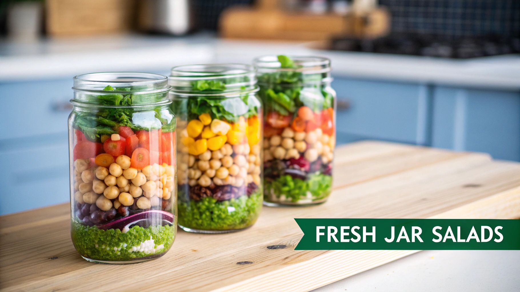 Three fresh jar salads with colorful layers of vegetables, chickpeas, and dressing on a wooden table.