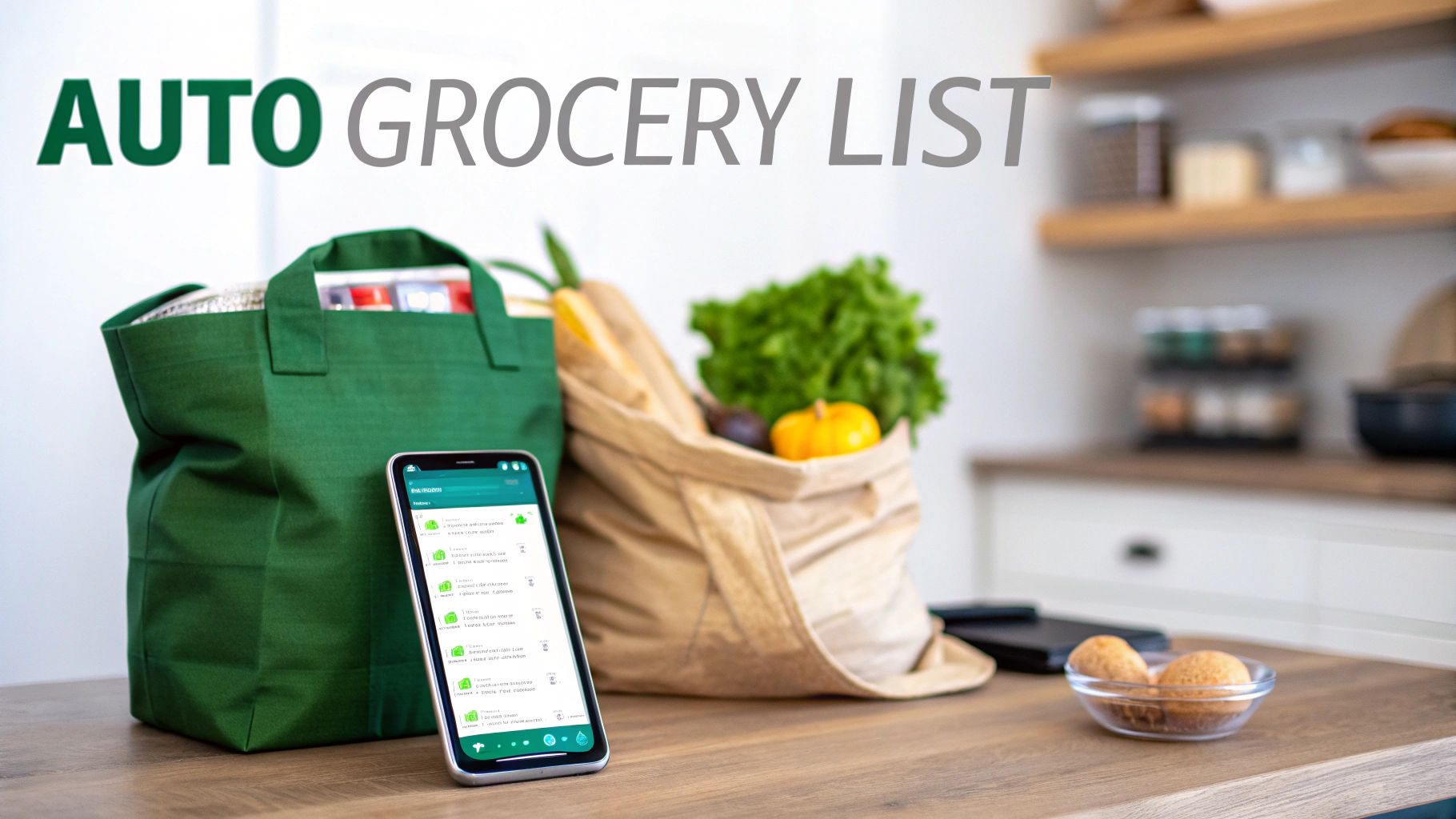A smartphone displaying an auto grocery list app next to reusable grocery bags with fresh produce.