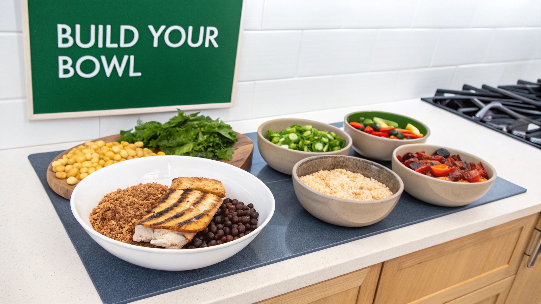 A build-your-own-bowl station with various healthy ingredients like grains, beans, grilled protein, chickpeas, and fresh vegetables.